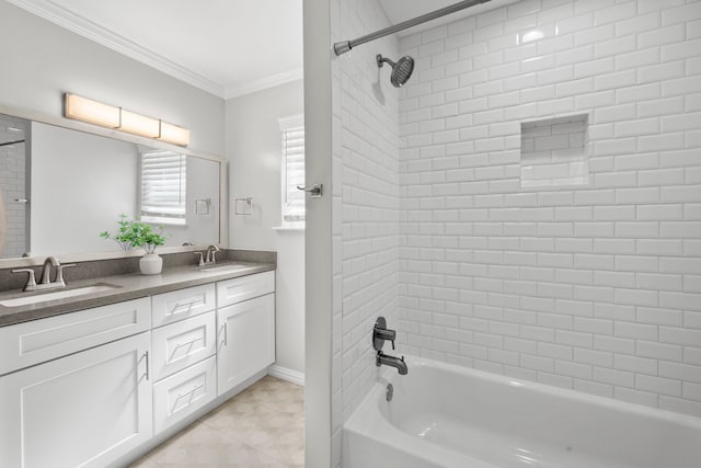 3531 Westridge St, Houston, TX 77025 - full bath with ornamental molding, shower / bath combination, double vanity, and baseboards