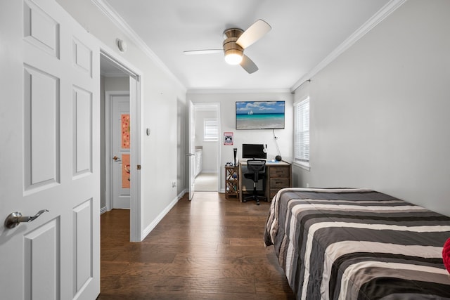 3531 Westridge St, Houston, TX 77025 - bedroom with wood finished floors, ornamental molding, an office area, ceiling fan, and baseboards