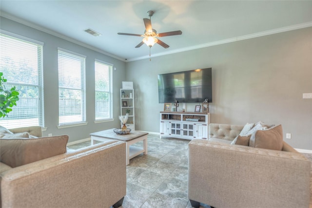 2255 Golden Laurel Dr, Conroe, TX 77304 - living room featuring ceiling fan, ornamental molding, and baseboards