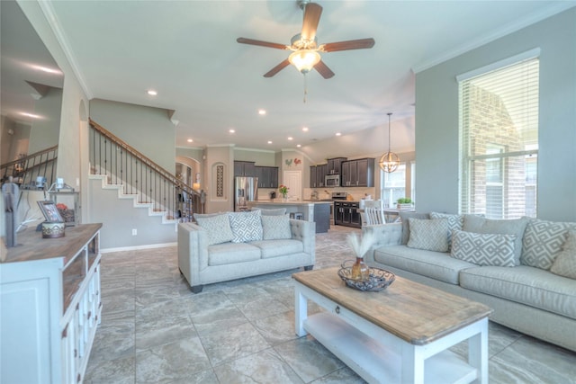 2255 Golden Laurel Dr, Conroe, TX 77304 - living area with ornamental molding, stairs, a ceiling fan, baseboards, and recessed lighting
