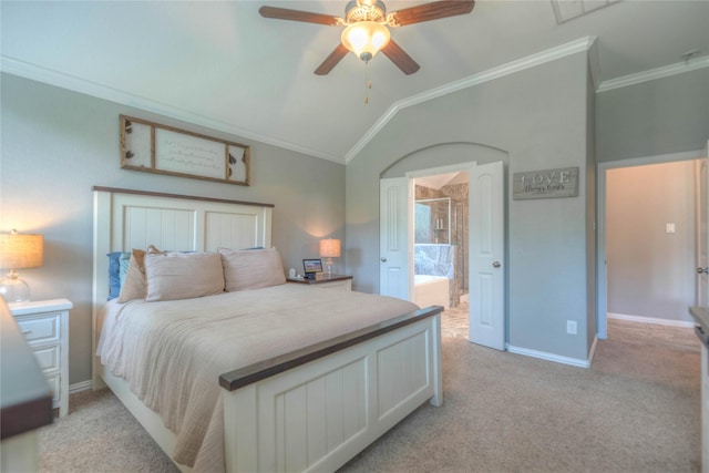 2255 Golden Laurel Dr, Conroe, TX 77304 - bedroom with crown molding, light carpet, lofted ceiling, baseboards, and connected bathroom