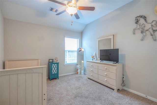 2255 Golden Laurel Dr, Conroe, TX 77304 - carpeted bedroom with lofted ceiling, baseboards, and ceiling fan