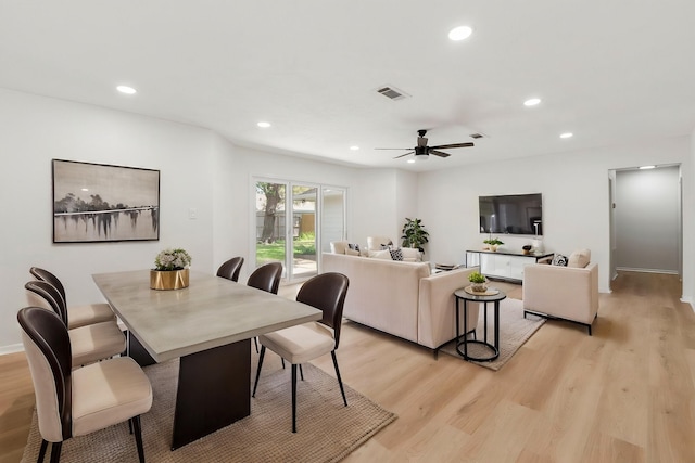 2610 Moss Hill Dr, Houston, TX 77080 - dining area with light wood finished floors, recessed lighting, and ceiling fan