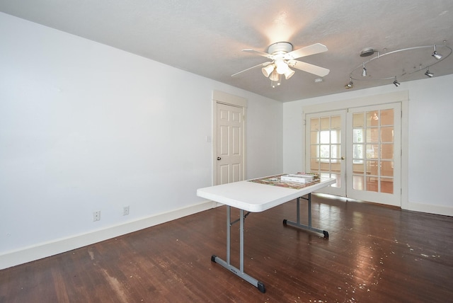 117 E 25th St, Houston, TX 77008 - home office featuring wood finished floors, a ceiling fan, baseboards, and track lighting
