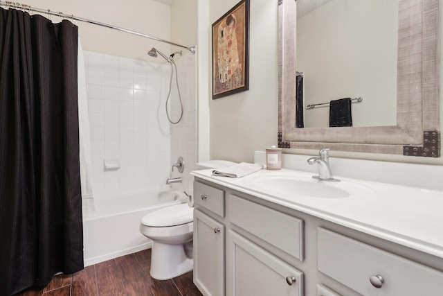 14039 Pawnee Bend Dr, Cypress, TX 77429 - bathroom with vanity, toilet, wood finished floors, and shower / bath combination with curtain