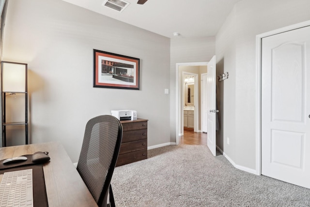 14039 Pawnee Bend Dr, Cypress, TX 77429 - office area featuring carpet floors, baseboards, and a ceiling fan