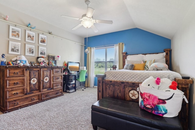 14039 Pawnee Bend Dr, Cypress, TX 77429 - bedroom featuring carpet, lofted ceiling, and ceiling fan