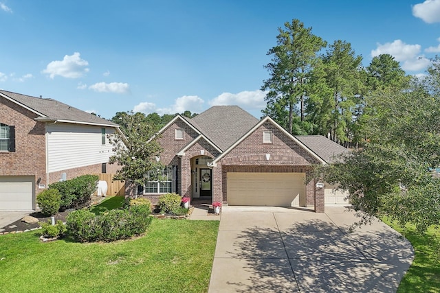 14039 Pawnee Bend Dr, Cypress, TX 77429 - traditional-style home with brick siding, an attached garage, a front yard, driveway, and a shingled roof