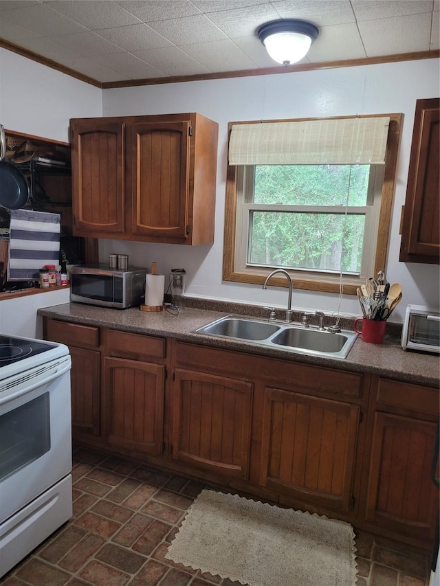 20 Shannon St, Huntsville, TX 77320 - kitchen featuring stainless steel microwave, white range with electric cooktop, a sink, crown molding, and dark countertops