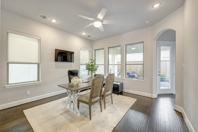 3604 Dorset Cliff Ln, Houston, TX 77055 - office with arched walkways, dark wood-style floors, baseboards, and recessed lighting