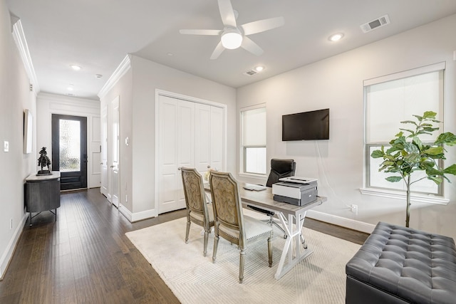3604 Dorset Cliff Ln, Houston, TX 77055 - office space featuring baseboards, dark wood finished floors, ceiling fan, recessed lighting, and crown molding