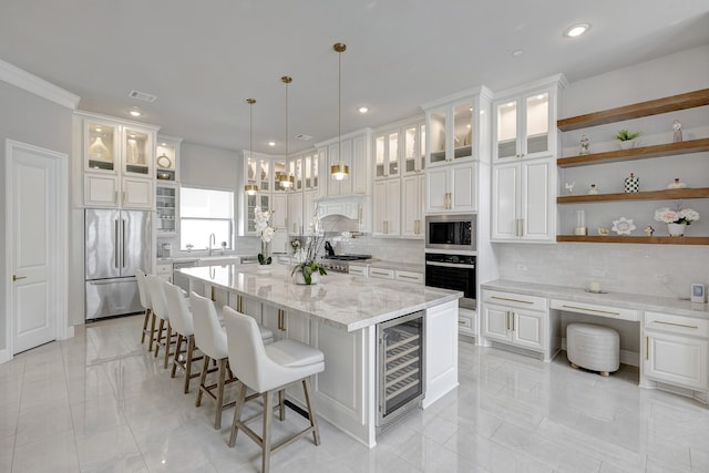 3604 Dorset Cliff Ln, Houston, TX 77055 - kitchen with appliances with stainless steel finishes, wine cooler, recessed lighting, tasteful backsplash, and open shelves