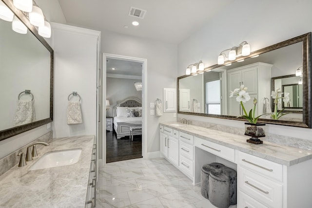 3604 Dorset Cliff Ln, Houston, TX 77055 - full bathroom featuring vanity, connected bathroom, marble look tiles, recessed lighting, and baseboards