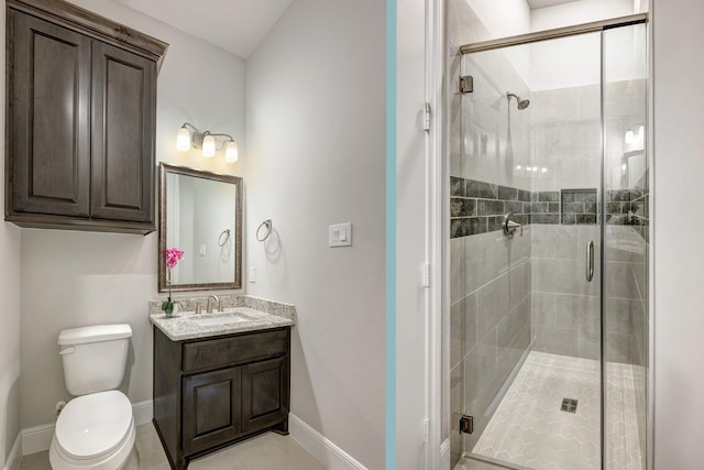 3604 Dorset Cliff Ln, Houston, TX 77055 - bathroom featuring baseboards, a shower stall, toilet, and vanity