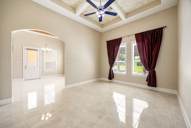 2119 Red Bird Ln, Brookshire, TX 77423 - unfurnished room featuring coffered ceiling, arched walkways, a ceiling fan, a chandelier, and beamed ceiling