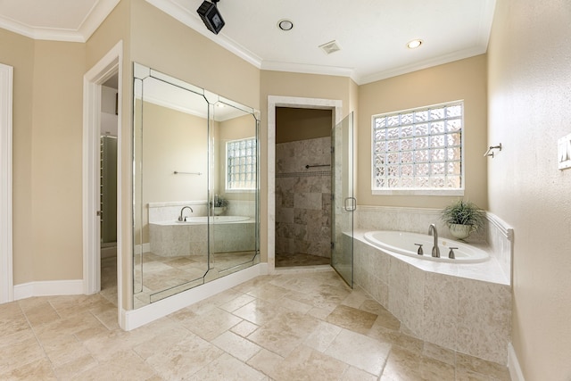 2119 Red Bird Ln, Brookshire, TX 77423 - full bathroom with plenty of natural light, a garden tub, a stall shower, ornamental molding, and recessed lighting