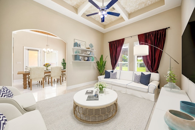 2119 Red Bird Ln, Brookshire, TX 77423 - living room featuring coffered ceiling, ceiling fan, a chandelier, baseboards, and beamed ceiling