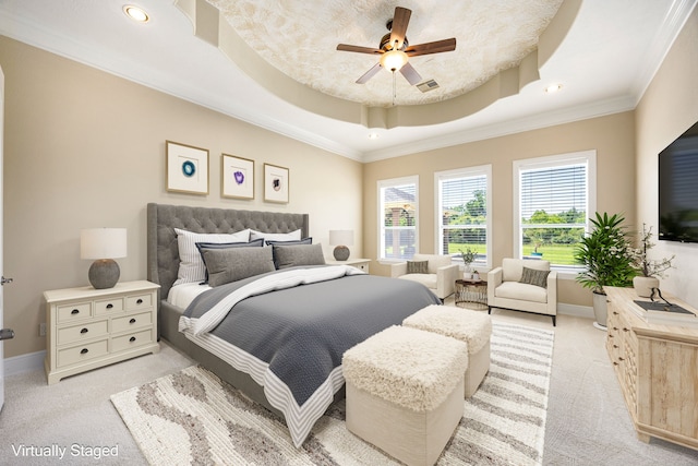 2119 Red Bird Ln, Brookshire, TX 77423 - bedroom with a raised ceiling, light colored carpet, baseboards, recessed lighting, and crown molding