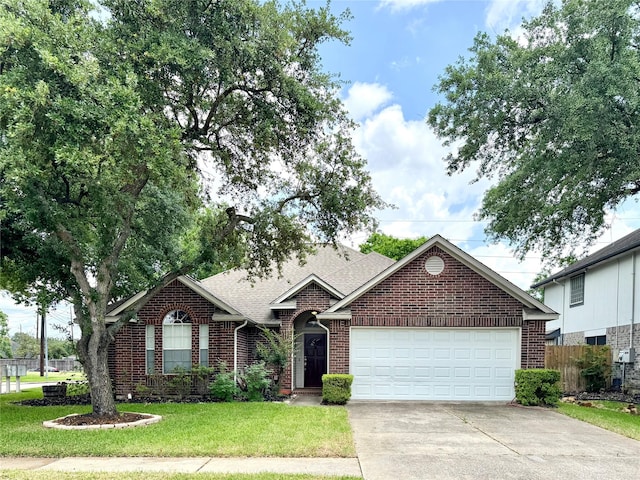 9630 E Withers Way Cir, Houston, TX 77065 - ranch-style home featuring brick siding, an attached garage, concrete driveway, and a shingled roof