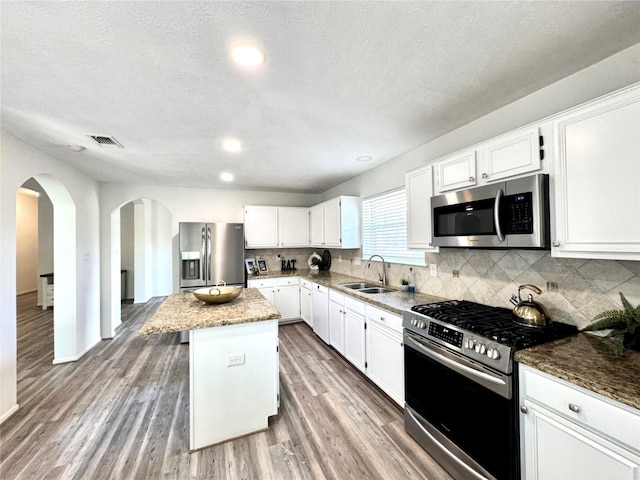 9630 E Withers Way Cir, Houston, TX 77065 - kitchen featuring appliances with stainless steel finishes, a center island, arched walkways, a sink, and white cabinets