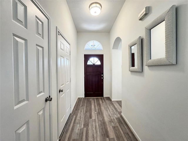 9630 E Withers Way Cir, Houston, TX 77065 - doorway featuring dark wood-style flooring, baseboards, and arched walkways