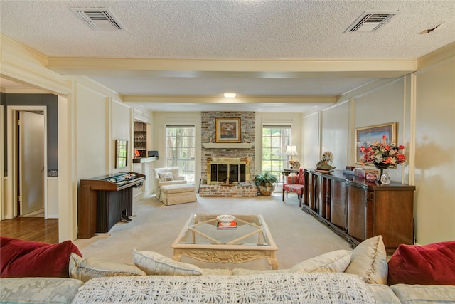 5410 Coral Ridge Rd, Houston, TX 77069 - living room featuring a textured ceiling, carpet, crown molding, beam ceiling, and a brick fireplace