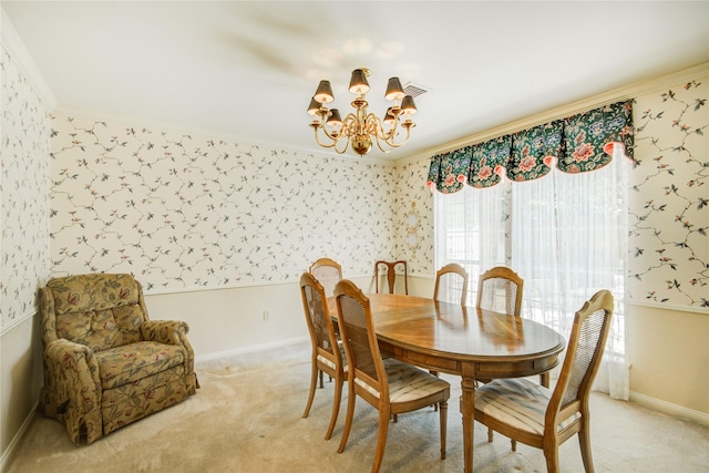 5410 Coral Ridge Rd, Houston, TX 77069 - dining room featuring a chandelier, baseboards, wallpapered walls, crown molding, and light carpet