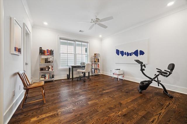 712 E 14th St, Houston, TX 77008 - office with a ceiling fan, wood finished floors, ornamental molding, baseboards, and recessed lighting