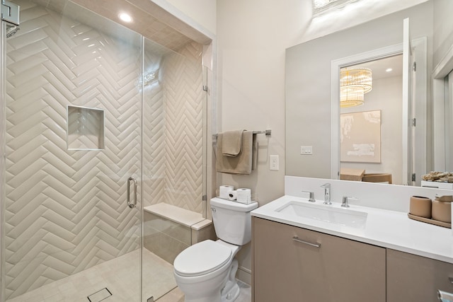 5820 Winsome Ln Unit B, Houston, TX 77057 - bathroom featuring toilet, vanity, a shower stall, a chandelier, and recessed lighting