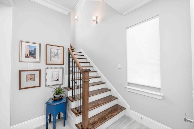 2110 Mason St, Houston, TX 77006 - stairs with baseboards and crown molding