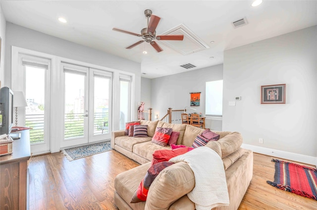 2110 Mason St, Houston, TX 77006 - living area featuring attic access, ceiling fan, recessed lighting, wood finished floors, and baseboards