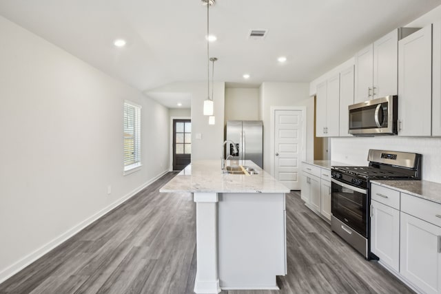 18717 Bliss Pl, New Caney, TX 77357 - kitchen featuring stainless steel appliances, a sink, dark wood-style floors, light stone counters, and a kitchen island with sink