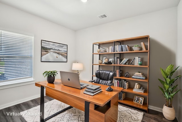 18717 Bliss Pl, New Caney, TX 77357 - office featuring dark wood finished floors and baseboards