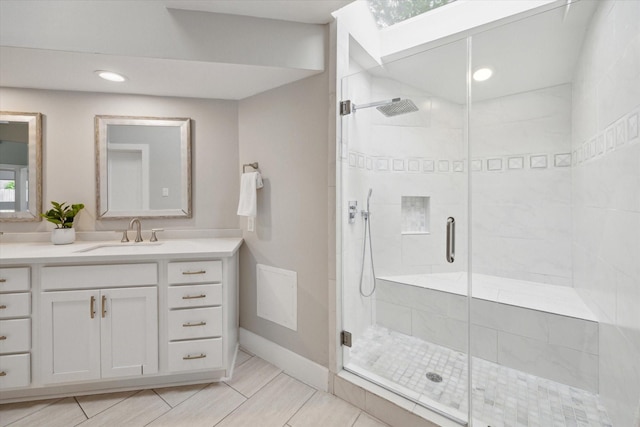 625 Rancho Bauer Dr, Houston, TX 77079 - full bathroom with a shower stall, vanity, recessed lighting, and baseboards