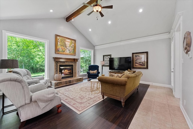 37922 Clubhouse Ln, Magnolia, TX 77355 - living area featuring recessed lighting, a ceiling fan, a tiled fireplace, and baseboards
