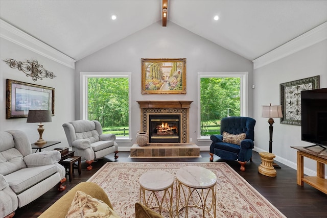 37922 Clubhouse Ln, Magnolia, TX 77355 - living area with wood finished floors, a fireplace, ornamental molding, baseboards, and recessed lighting