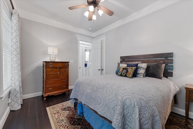 37922 Clubhouse Ln, Magnolia, TX 77355 - bedroom featuring baseboards, crown molding, wood finished floors, and a ceiling fan