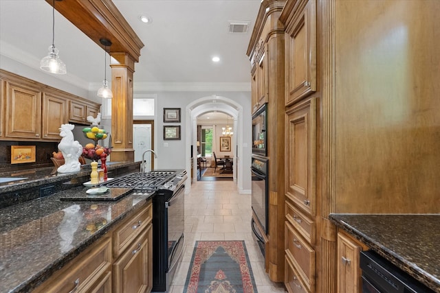 37922 Clubhouse Ln, Magnolia, TX 77355 - kitchen featuring black appliances, arched walkways, brown cabinets, ornamental molding, and dark stone counters