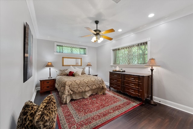 37922 Clubhouse Ln, Magnolia, TX 77355 - bedroom featuring crown molding, baseboards, dark wood-style flooring, a ceiling fan, and recessed lighting