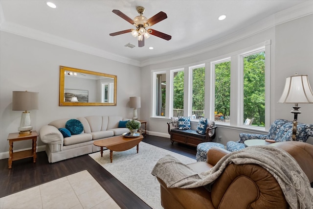 37922 Clubhouse Ln, Magnolia, TX 77355 - living room featuring baseboards, crown molding, ceiling fan, wood finished floors, and recessed lighting