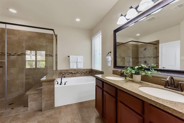 6 Muthill Cir, Conroe, TX 77304 - full bathroom featuring a shower stall, a garden tub, tile patterned floors, double vanity, and recessed lighting