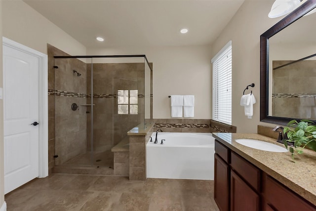 6 Muthill Cir, Conroe, TX 77304 - full bath featuring a stall shower, a bath, vanity, tile patterned flooring, and recessed lighting