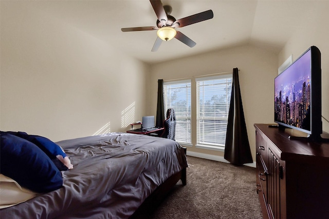 6 Muthill Cir, Conroe, TX 77304 - bedroom with dark colored carpet, ceiling fan, and vaulted ceiling