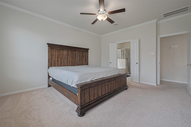 2822 Bluesage Bluff Dr, Richmond, TX 77406 - bedroom with light carpet, ornamental molding, baseboards, ceiling fan, and connected bathroom