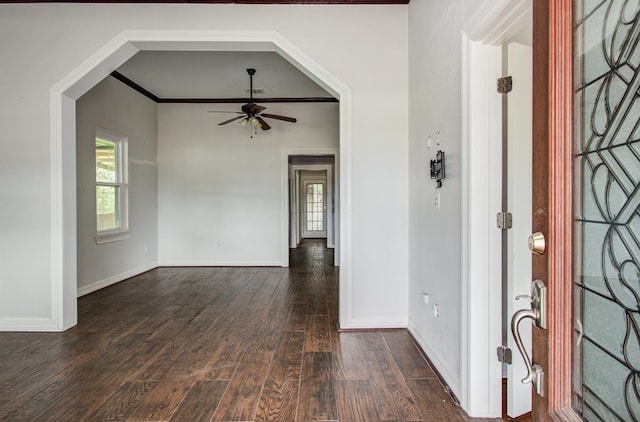 2711 Maury St, Houston, TX 77009 - entryway with dark wood-type flooring, a ceiling fan, and baseboards