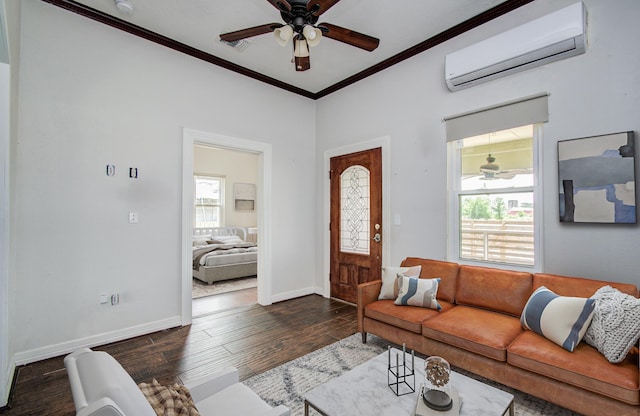2711 Maury St, Houston, TX 77009 - living area featuring an AC wall unit, a ceiling fan, ornamental molding, plenty of natural light, and baseboards