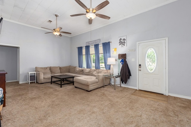 240 7th St, Trinity, TX 75862 - living area with carpet, a ceiling fan, ornamental molding, and baseboards