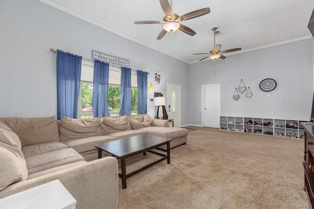 240 7th St, Trinity, TX 75862 - living area featuring ceiling fan, ornamental molding, and carpet floors