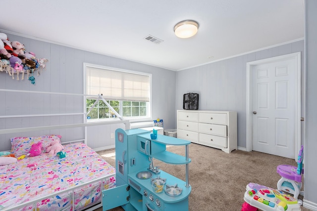 240 7th St, Trinity, TX 75862 - carpeted bedroom featuring crown molding and wooden walls