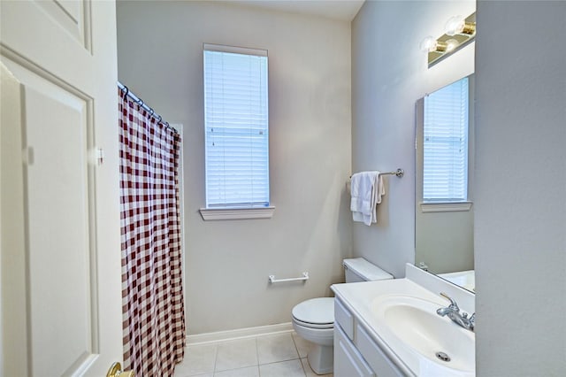 full bathroom with toilet, tile patterned floors, vanity, and a shower with curtain